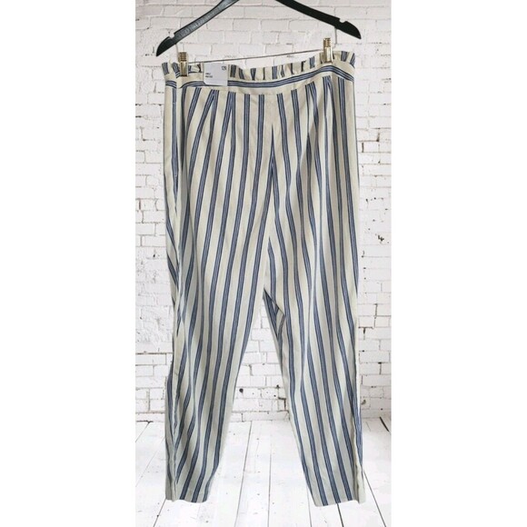 Express Paperbag Pants Womens 12 High Rise Ankle Blue Striped  Pleated NWT - Picture 9 of 9